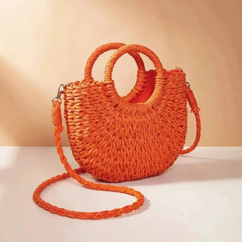 Handwoven Straw Rattan Half-Moon Beach Handbag Large Capacity Women Summer Hollow Out Crossbody Shoulder Bag - Image #2