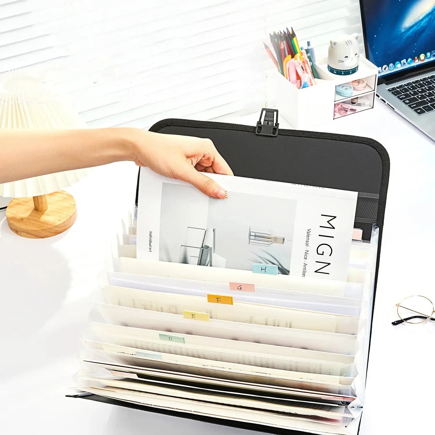 A4 Portable Folder Storage Bag 13 Pocket Accordion Bag Information Test Paper File Bag Office Document Organization File Folder - Image #3