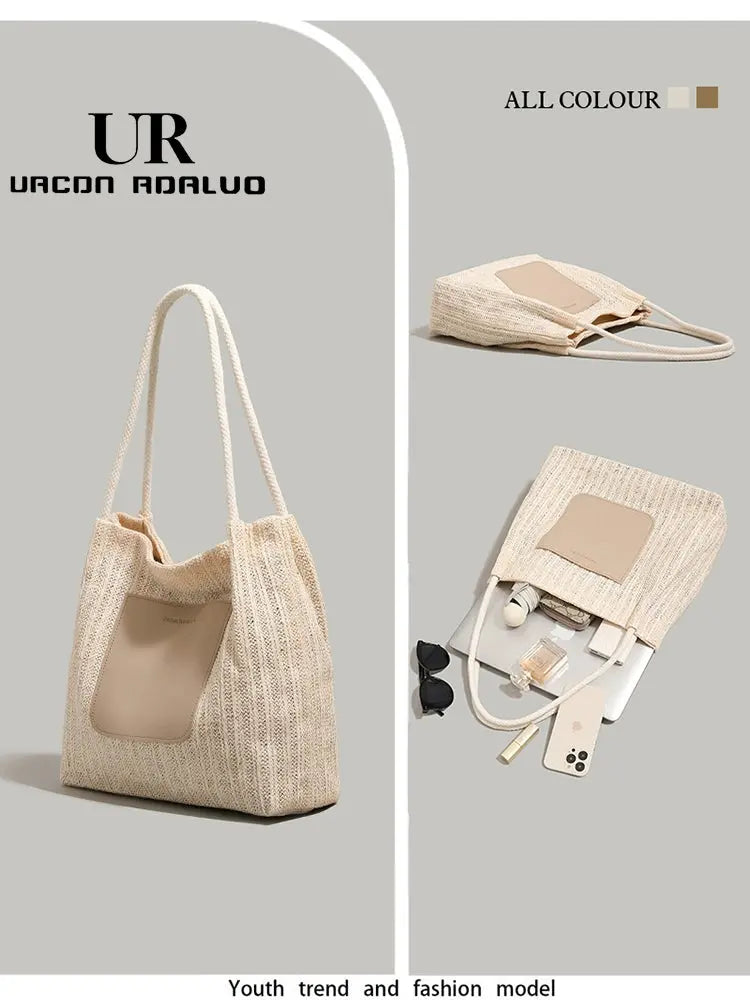 Ur Simple Straw Bag Women 2024 New Advanced Texture Woven Tote Bag Vacation Beach Bag Shoulder Underarm Bag - Image #4