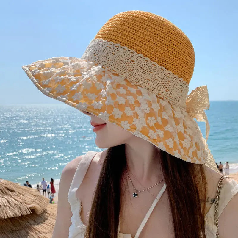 Lace Bow Straw Fisherman Hat Summer Outdoor Sunhat With Large Brim Anti-UV Sunshade And Face Protection Hat - Image #1