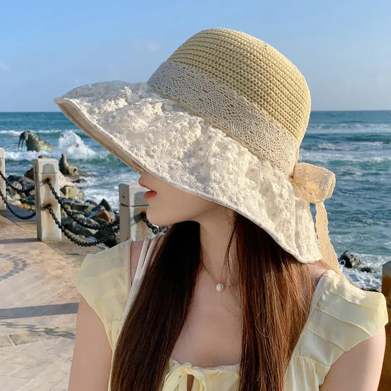 Lace Bow Straw Fisherman Hat Summer Outdoor Sunhat With Large Brim Anti-UV Sunshade And Face Protection Hat - Image #6