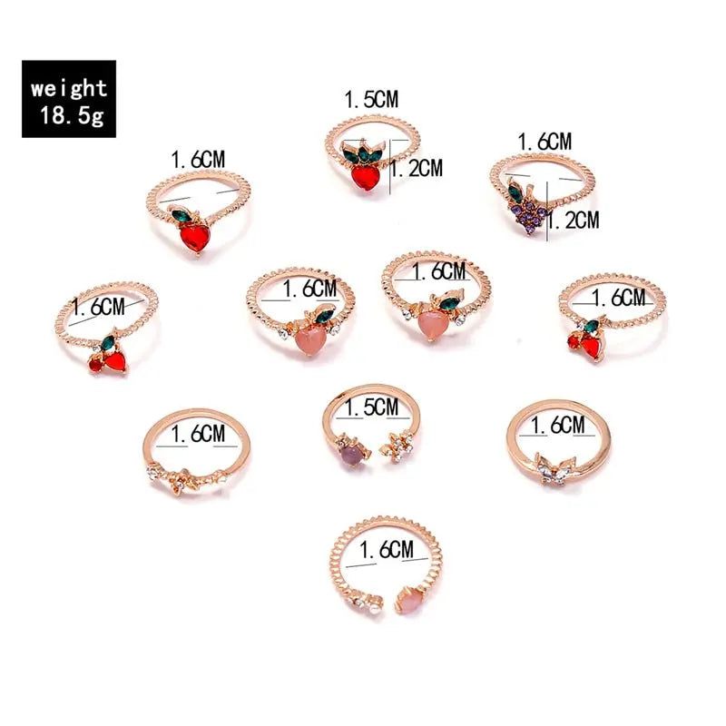 11 Pcs/Set Sweet Crystal Apple Strawberry Cherry Grape Rings for Women Fashion Butterfly Fruit Gem Gold Rings Set Party Jewelry - Image #11