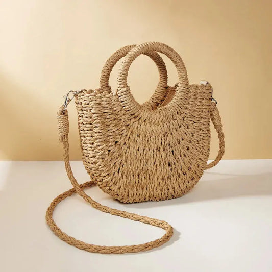 Handwoven Straw Rattan Half-Moon Beach Handbag Large Capacity Women Summer Hollow Out Crossbody Shoulder Bag - Image #1