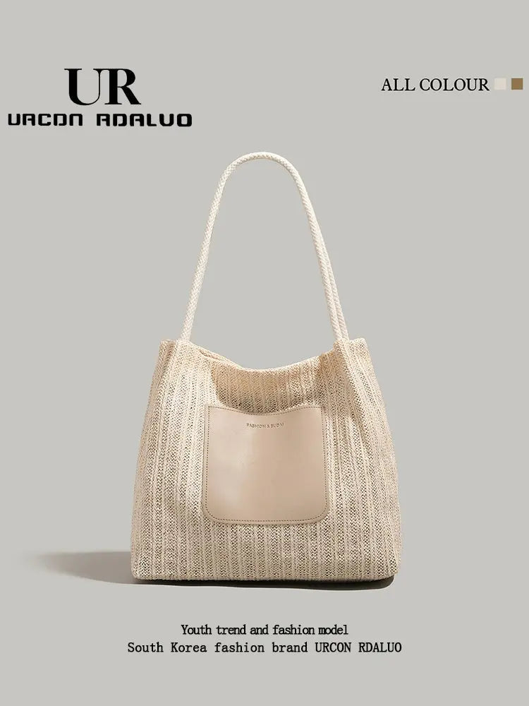 Ur Simple Straw Bag Women 2024 New Advanced Texture Woven Tote Bag Vacation Beach Bag Shoulder Underarm Bag - Image #1