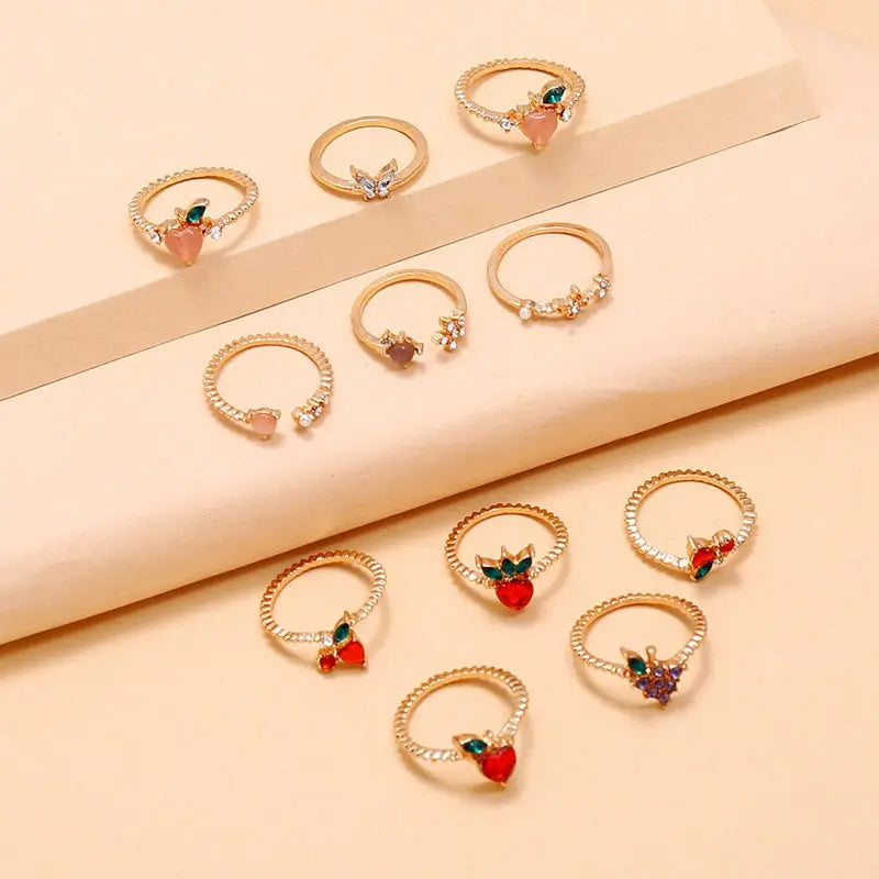 11 Pcs/Set Sweet Crystal Apple Strawberry Cherry Grape Rings for Women Fashion Butterfly Fruit Gem Gold Rings Set Party Jewelry - Image #9