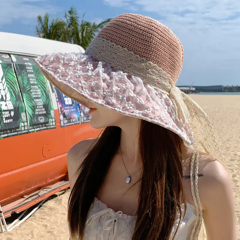 Lace Bow Straw Fisherman Hat Summer Outdoor Sunhat With Large Brim Anti-UV Sunshade And Face Protection Hat - Image #3