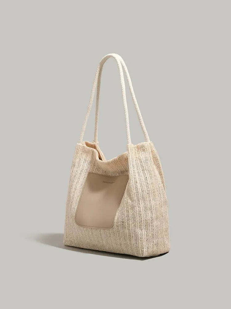 Ur Simple Straw Bag Women 2024 New Advanced Texture Woven Tote Bag Vacation Beach Bag Shoulder Underarm Bag - Image #3