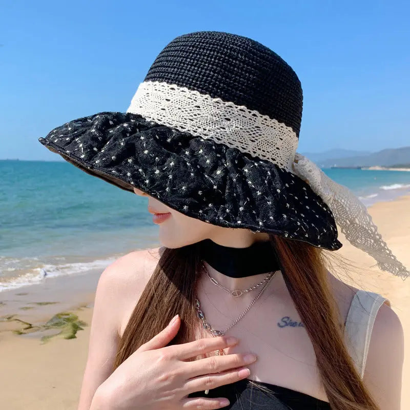 Lace Bow Straw Fisherman Hat Summer Outdoor Sunhat With Large Brim Anti-UV Sunshade And Face Protection Hat - Image #8