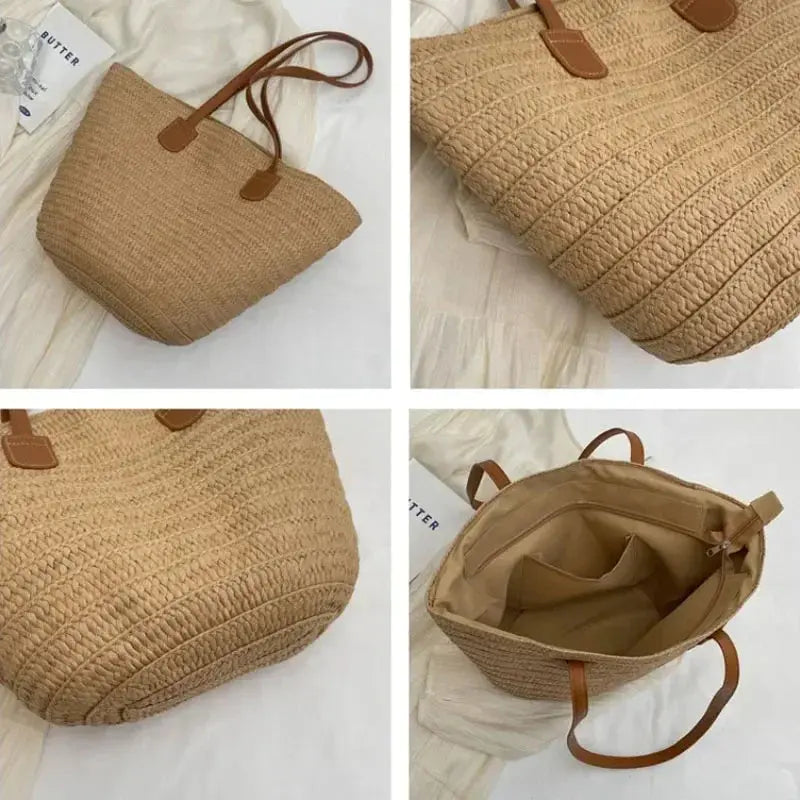 Women Braided Basket Clutches Top-handle Bag Large Straw Portable Shoulder Bag Summer Beach Party Purses Shopper Satchel Female - Image #5