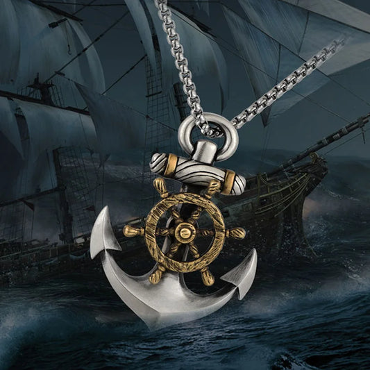 Vintage Nordic Navy Ship Rudder Anchor Pendant Necklace Men\\'s Rock Punk Jewelry