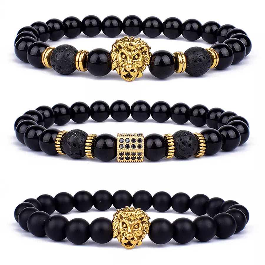 Fashion Obsidian Lion Head Charm Bracelets Men Lava Stone Zircon Prism Bracelets & Bangles for Women New Friendship Jewelry Gift