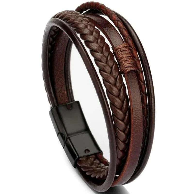 Classic Cross Leather Bracelet for Men Handsome Jewelry Gift Multilayer Wrap Bracelet with Metal Magnetic Clasp