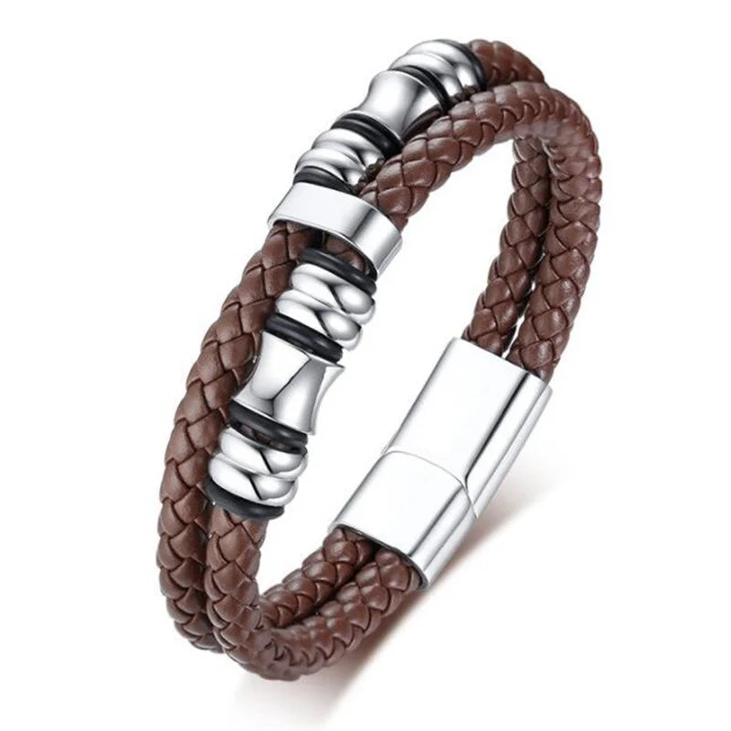 Classic Cross Leather Bracelet for Men Handsome Jewelry Gift Multilayer Wrap Bracelet with Metal Magnetic Clasp