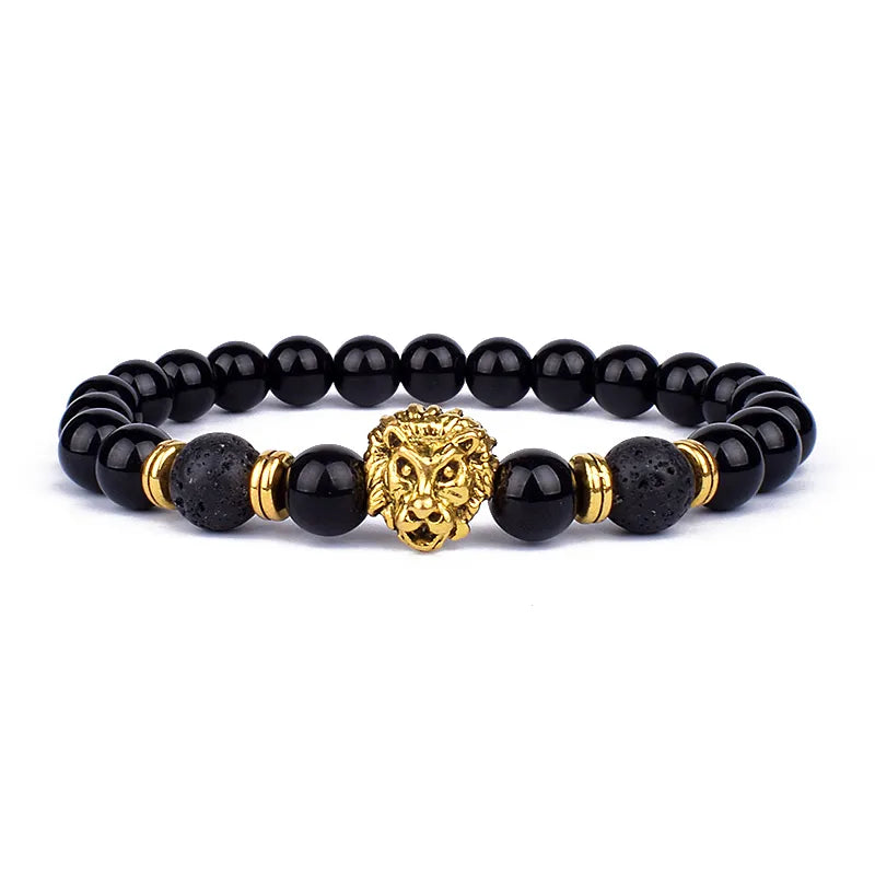 Fashion Obsidian Lion Head Charm Bracelets Men Lava Stone Zircon Prism Bracelets & Bangles for Women New Friendship Jewelry Gift