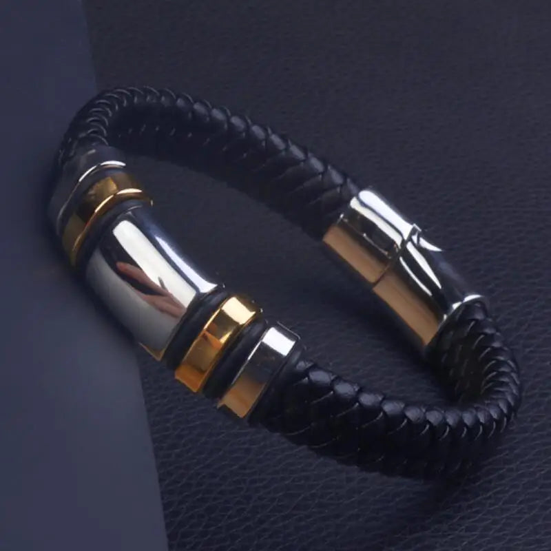 Classic Black Leather Wrap Bracelet for Men Metal Magnetic Clasp Fashion Bangle Bracelet Male Birthday Gift