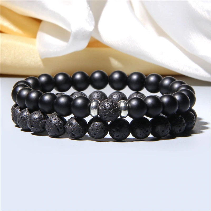 2Pcs/Set Couple’s Lava Stone Bead Bracelets for Unisex