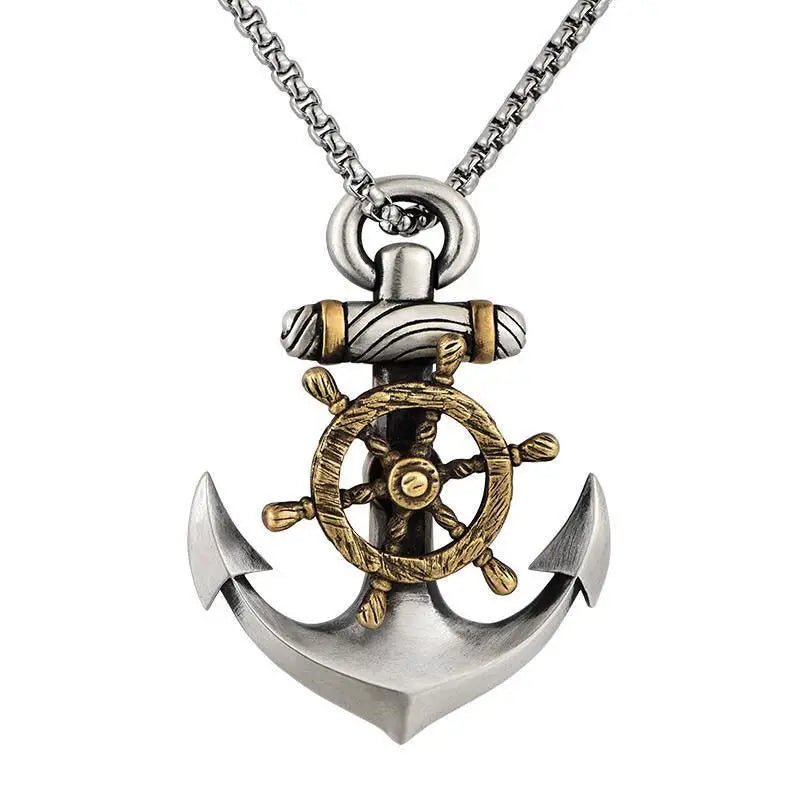 Vintage Nordic Navy Ship Rudder Anchor Pendant Necklace Men\\'s Rock Punk Jewelry