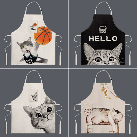 Cartoon Cat Apron Kitchen Cooking Oil-Proof Coverall Milk Tea Baking Pet Shop Assistant Work Clothes Household Apron