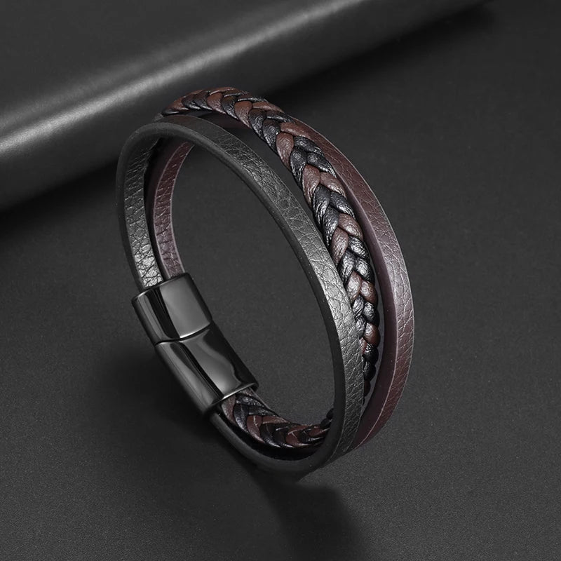 Classic Cross Leather Bracelet for Men Handsome Jewelry Gift Multilayer Wrap Bracelet with Metal Magnetic Clasp