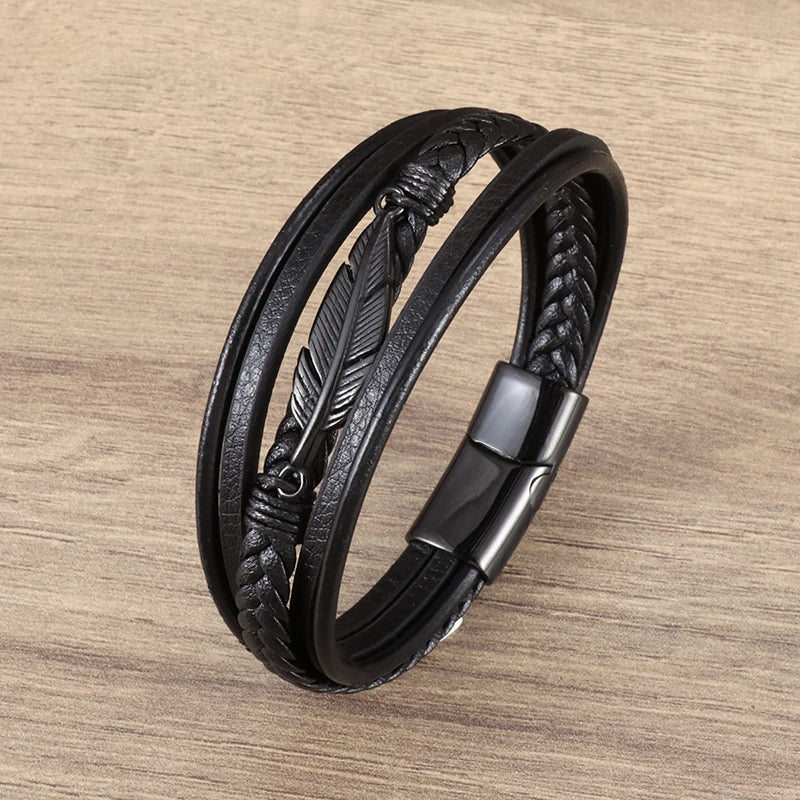 Classic Cross Leather Bracelet for Men Handsome Jewelry Gift Multilayer Wrap Bracelet with Metal Magnetic Clasp