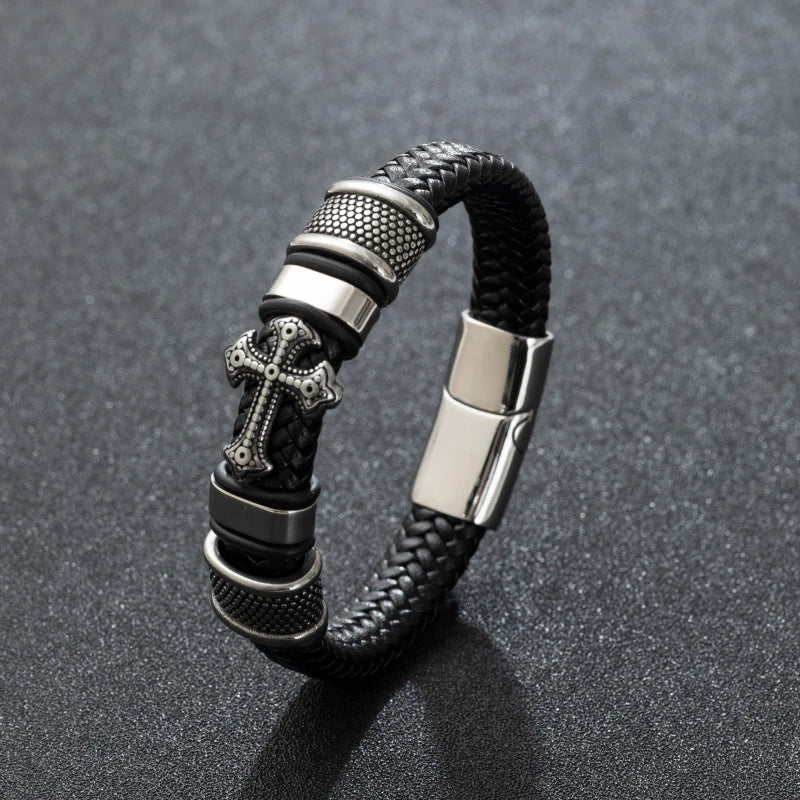 Classic Cross Leather Bracelet for Men Handsome Jewelry Gift Multilayer Wrap Bracelet with Metal Magnetic Clasp