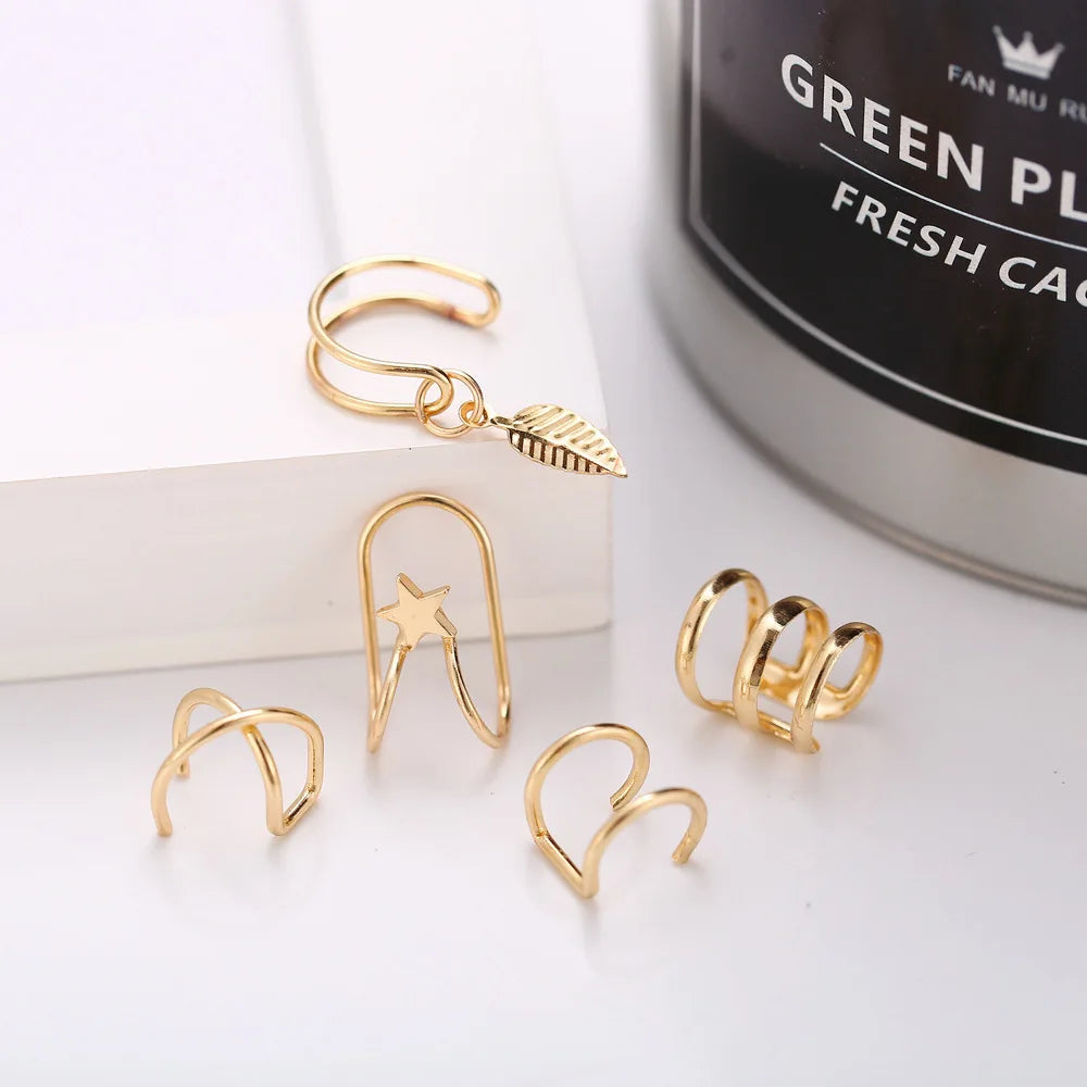 12Pcs Earcuff Golden Leaves Non-Piercing Jewelry Brincos U-Shaped Clip Earrings For Women Men Wholesale