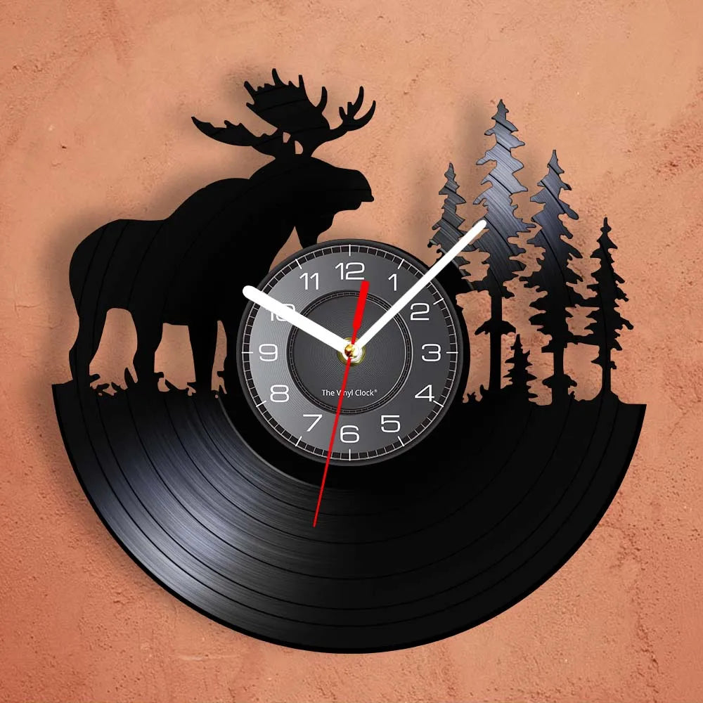 Wild Woodland Animal Forest Bull Elk Wall Clock Wildlife Exclusive Hanging Lamp Vinyl Record Clock Wall Art