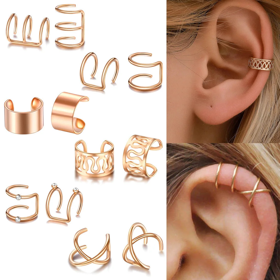 5pcs Golden Leaf Black Non-Piercing Long Butterfly Clip Earrings For Women Men Jewelry Wholesale