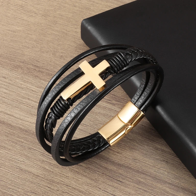 Classic Cross Leather Bracelet for Men Handsome Jewelry Gift Multilayer Wrap Bracelet with Metal Magnetic Clasp