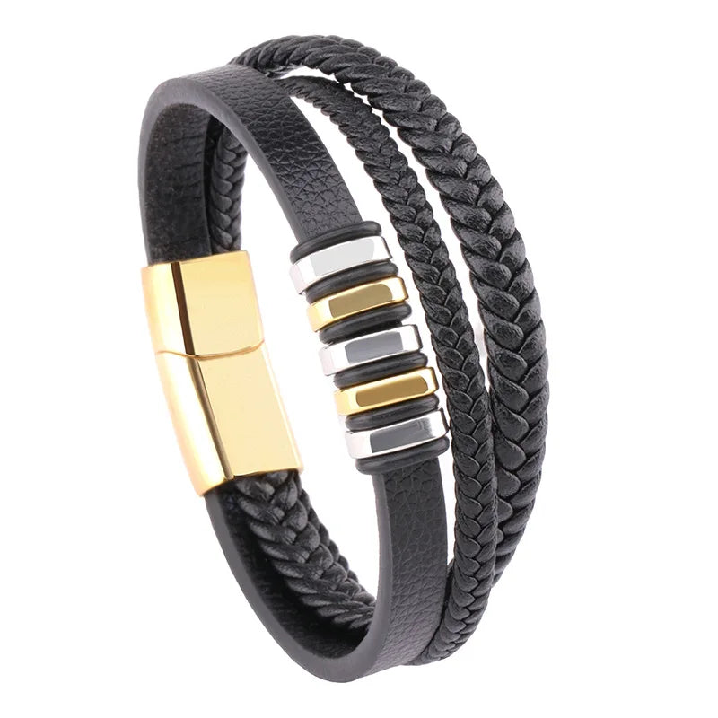 Classic Cross Leather Bracelet for Men Handsome Jewelry Gift Multilayer Wrap Bracelet with Metal Magnetic Clasp