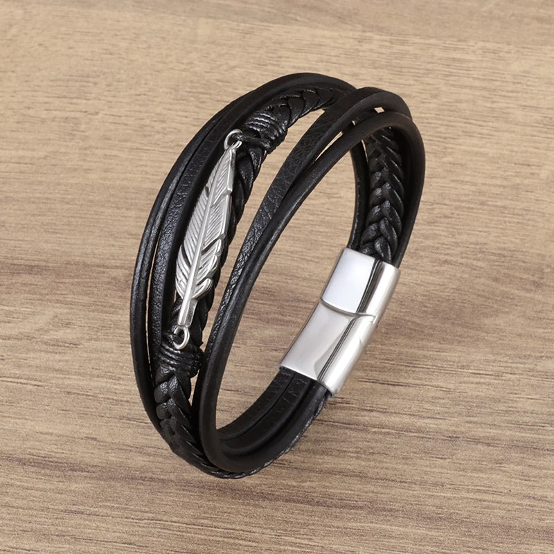 Classic Cross Leather Bracelet for Men Handsome Jewelry Gift Multilayer Wrap Bracelet with Metal Magnetic Clasp