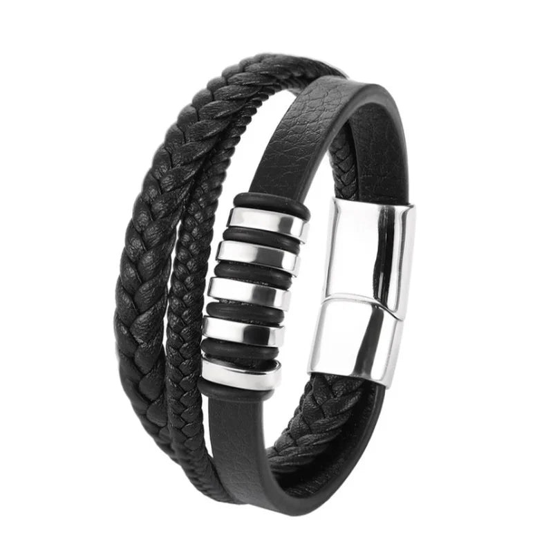 Classic Cross Leather Bracelet for Men Handsome Jewelry Gift Multilayer Wrap Bracelet with Metal Magnetic Clasp