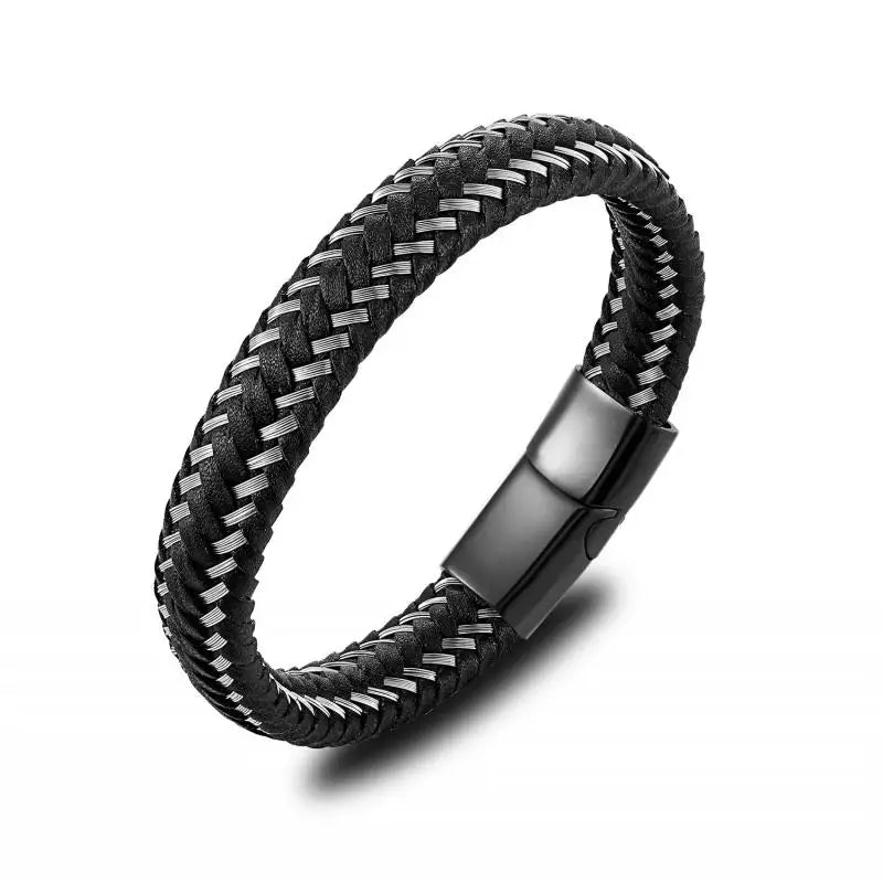 Classic Black Leather Wrap Bracelet for Men Metal Magnetic Clasp Fashion Bangle Bracelet Male Birthday Gift