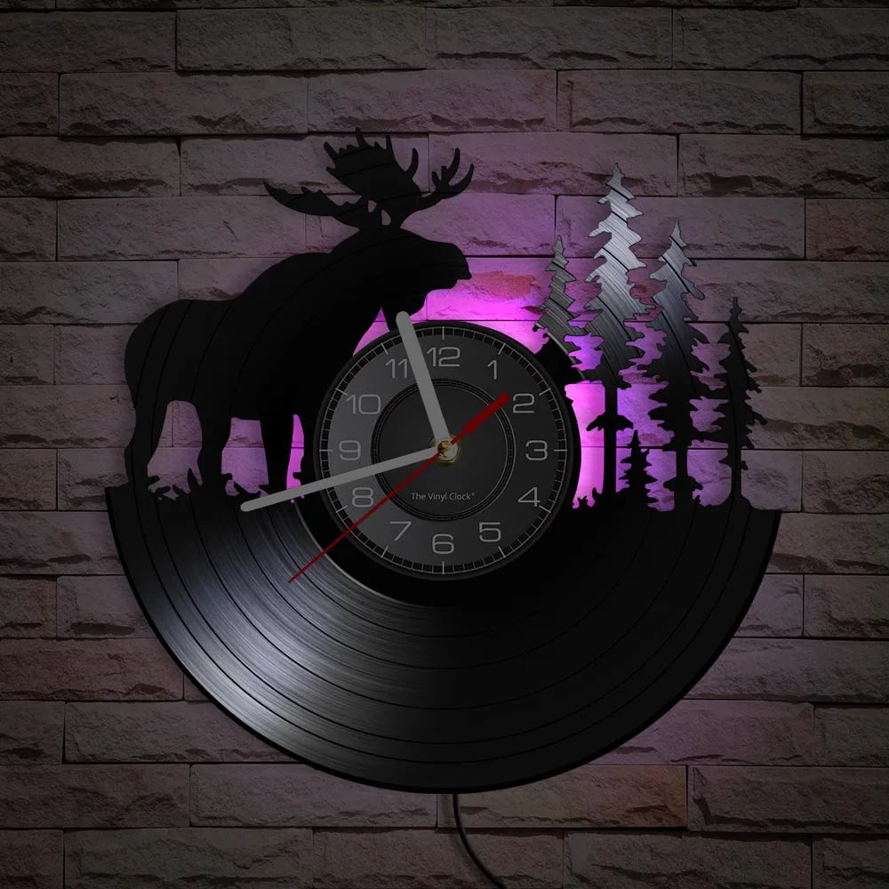 Wild Woodland Animal Forest Bull Elk Wall Clock Wildlife Exclusive Hanging Lamp Vinyl Record Clock Wall Art