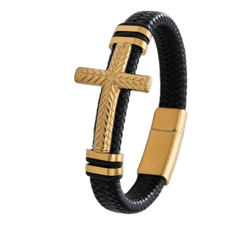 Classic Cross Leather Bracelet for Men Handsome Jewelry Gift Multilayer Wrap Bracelet with Metal Magnetic Clasp