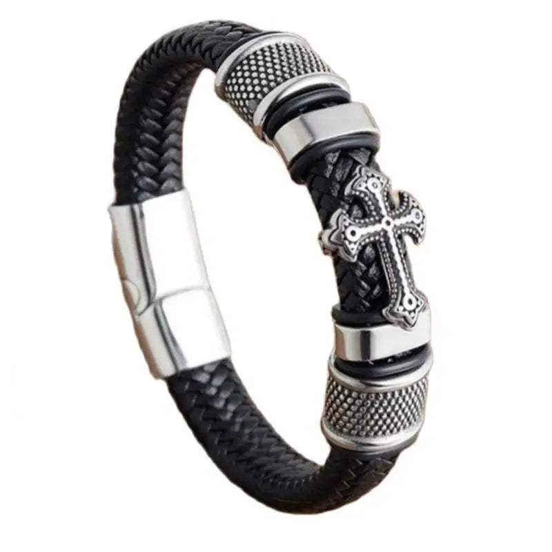 Trendy Charm Braided Leather Bracelets Classic Design Cross Leather Men Bracelets Titanium Steel Accessories Jewelry