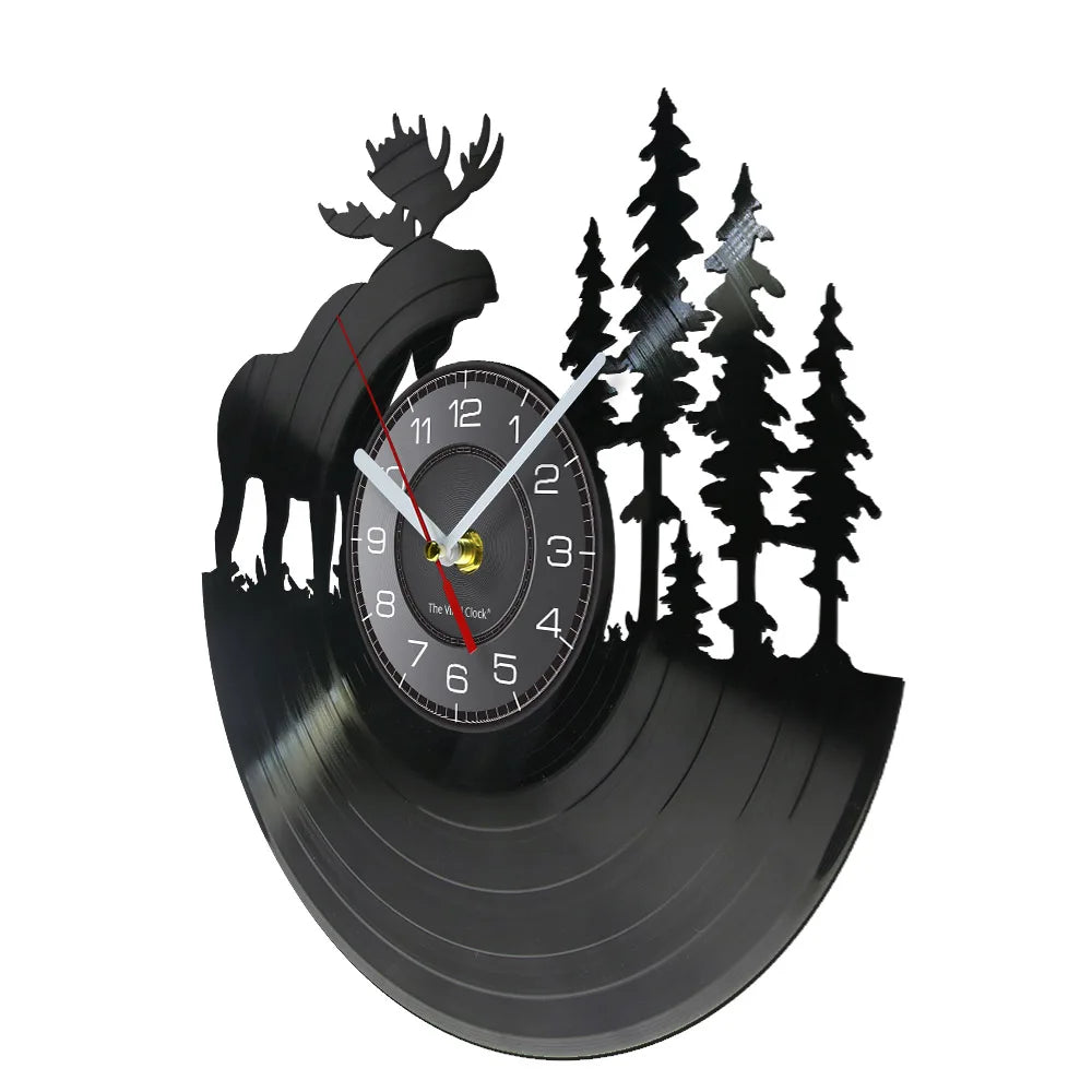 Wild Woodland Animal Forest Bull Elk Wall Clock Wildlife Exclusive Hanging Lamp Vinyl Record Clock Wall Art