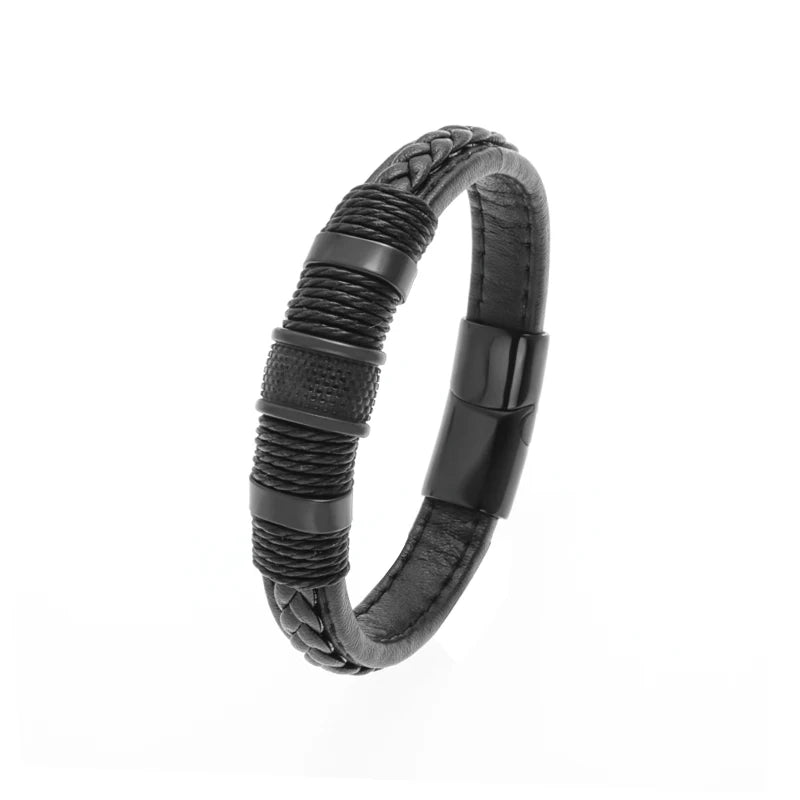 Classic Black Leather Wrap Bracelet for Men Metal Magnetic Clasp Fashion Bangle Bracelet Male Birthday Gift