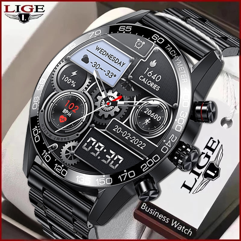 LIGE New AMOLED HD Bluetooth Call Smart Watch Men Blood Pressure Waterproof Watch For Men Business Sport Bracelet Men SmartWatch