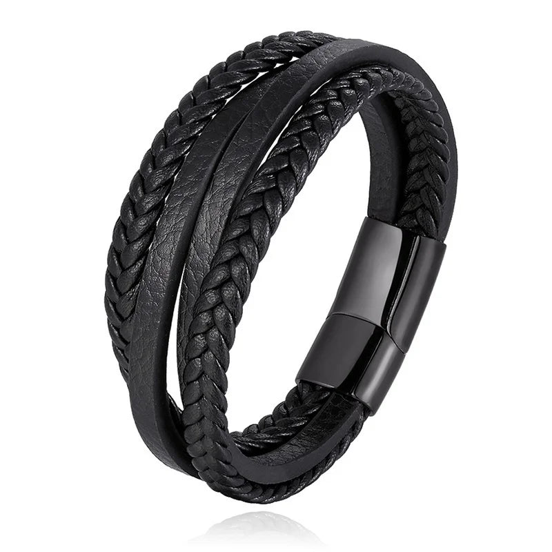 Classic Cross Leather Bracelet for Men Handsome Jewelry Gift Multilayer Wrap Bracelet with Metal Magnetic Clasp