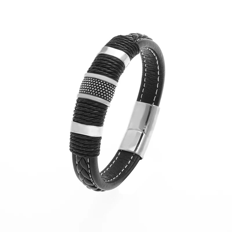 Classic Black Leather Wrap Bracelet for Men Metal Magnetic Clasp Fashion Bangle Bracelet Male Birthday Gift