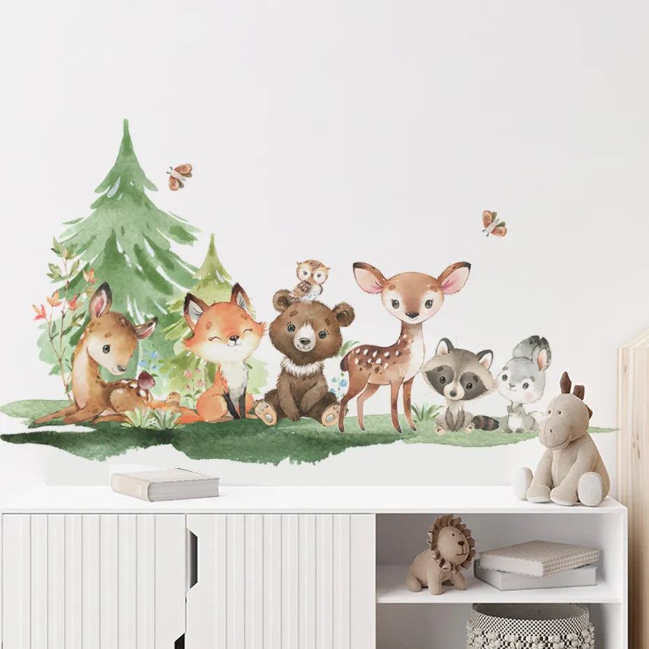 Forest Animals Theme Bear Deer Rabbit Children's Wall Stickers for Kids Room Baby Room Decoration Wallpaper Wall Decals Nursery