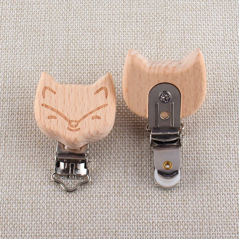 1Pcs Cute Modelling Beech Wood Pacifier Clip Baby DIY Cartoon Animal Wooden Log Pacifier Clips Nipple Chain Holder BPA Free