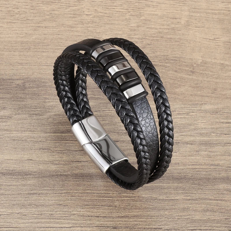 Classic Cross Leather Bracelet for Men Handsome Jewelry Gift Multilayer Wrap Bracelet with Metal Magnetic Clasp