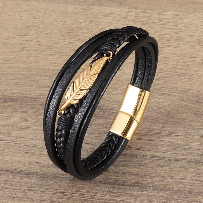 Classic Cross Leather Bracelet for Men Handsome Jewelry Gift Multilayer Wrap Bracelet with Metal Magnetic Clasp