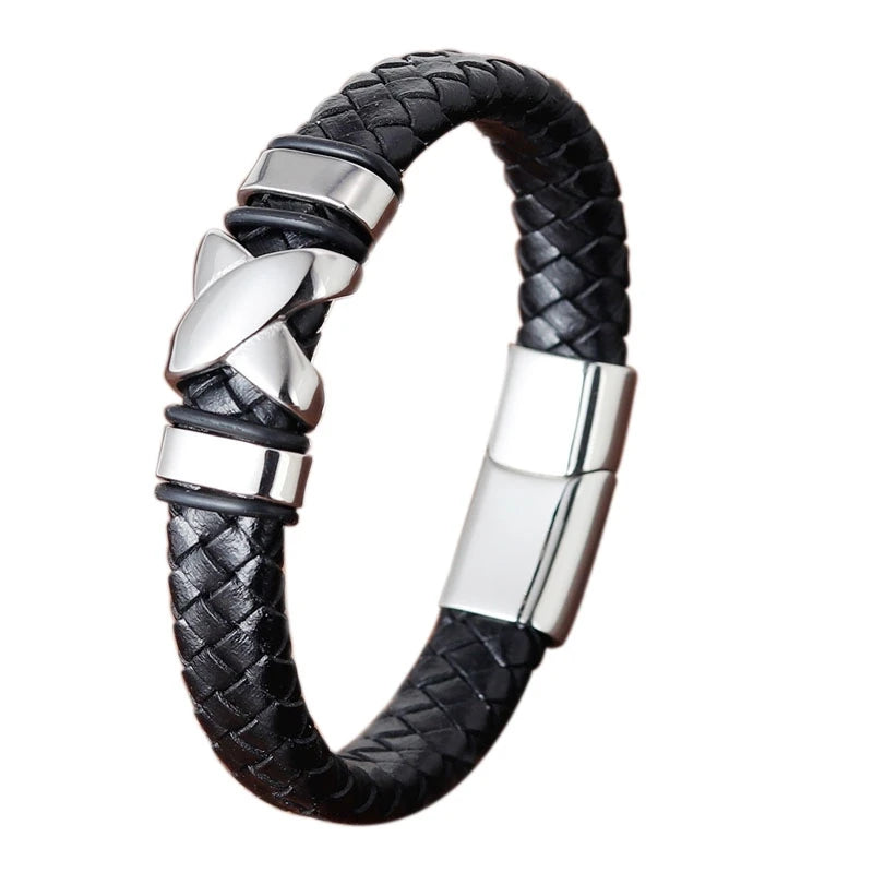 Classic Black Leather Wrap Bracelet for Men Metal Magnetic Clasp Fashion Bangle Bracelet Male Birthday Gift