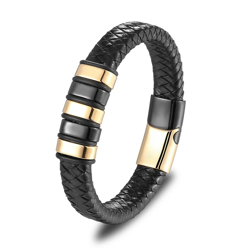 Classic Black Leather Wrap Bracelet for Men Metal Magnetic Clasp Fashion Bangle Bracelet Male Birthday Gift