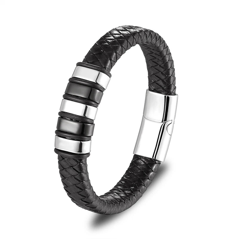 Classic Black Leather Wrap Bracelet for Men Metal Magnetic Clasp Fashion Bangle Bracelet Male Birthday Gift