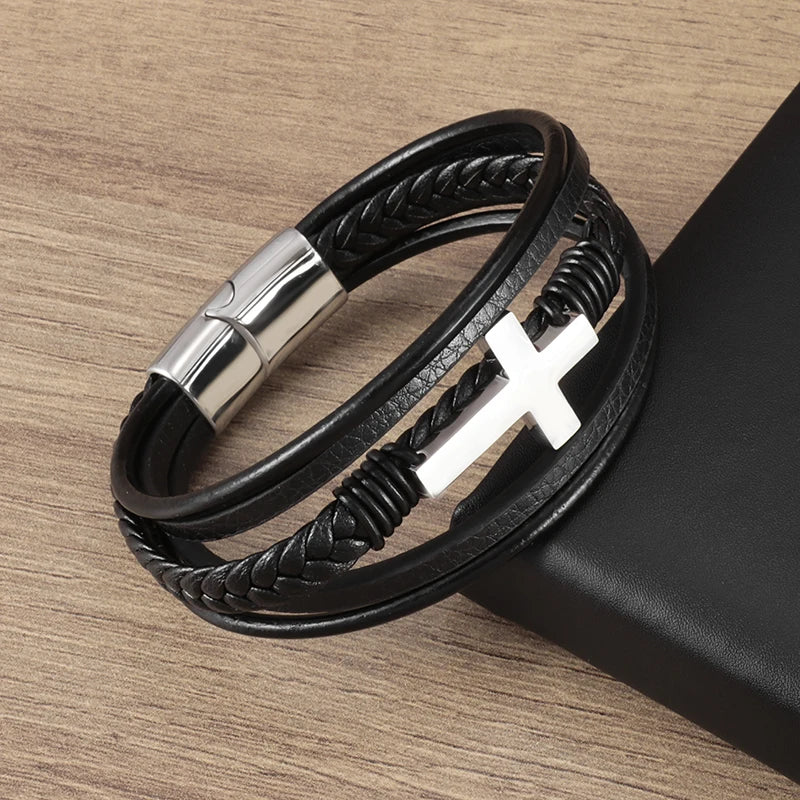 Classic Cross Leather Bracelet for Men Handsome Jewelry Gift Multilayer Wrap Bracelet with Metal Magnetic Clasp