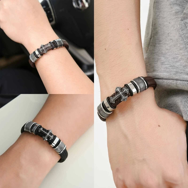 Trendy Charm Braided Leather Bracelets Classic Design Cross Leather Men Bracelets Titanium Steel Accessories Jewelry